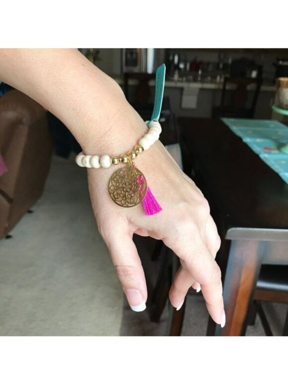 NWT Anthropologie Boho Festival Jewelry Wood Bead Bracelet Hot Pink & Gold Charm